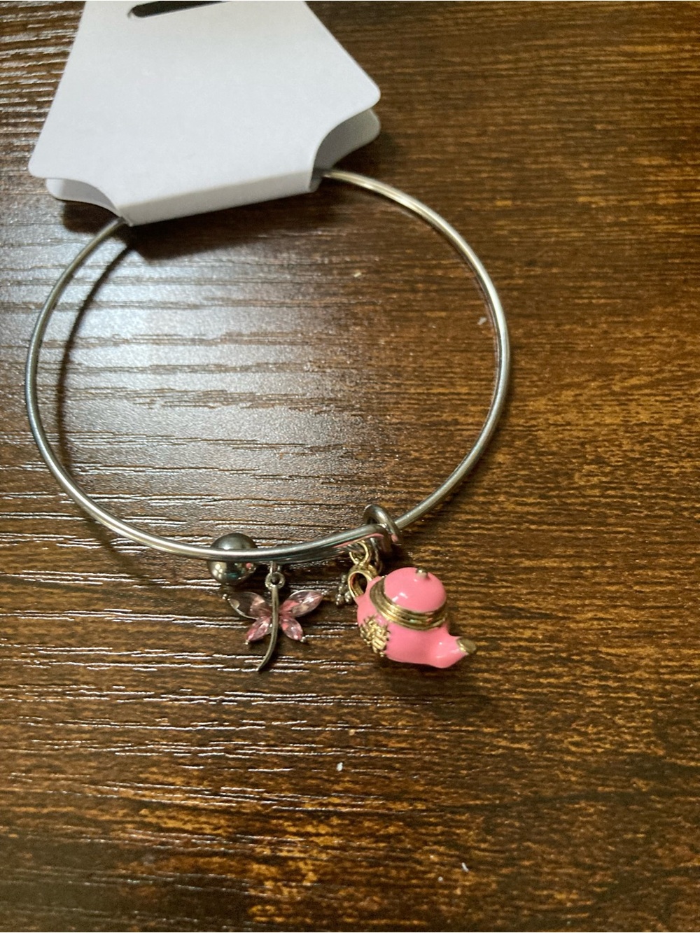 Silver Charm Bangle with Pink Teapot and Pink Butterfly Charms